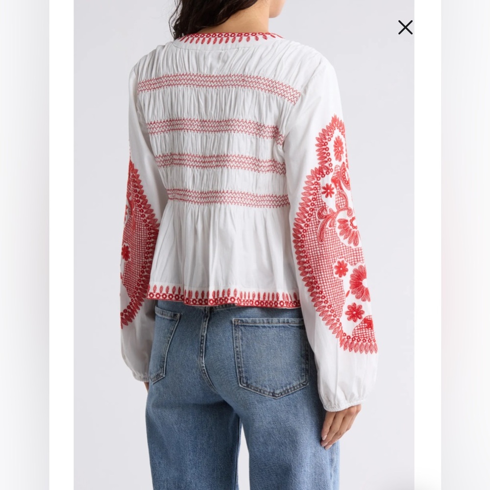 7 For All Mankind Embroidered Peplum Balloon Sleeve Snap Blouse Top NWT - Picture 3 of 9